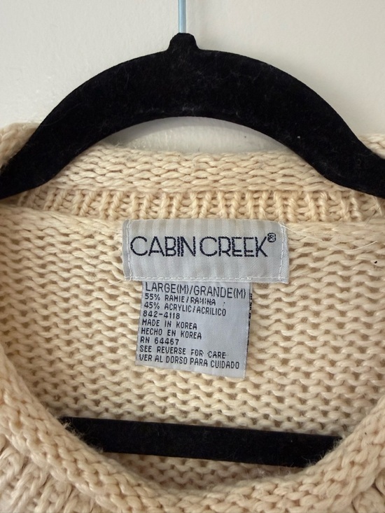 Vintage 90s Sz Lg Cottagecore Grandma Knit Chunky Neutral Sweater Patchwork Tan - Picture 4 of 16